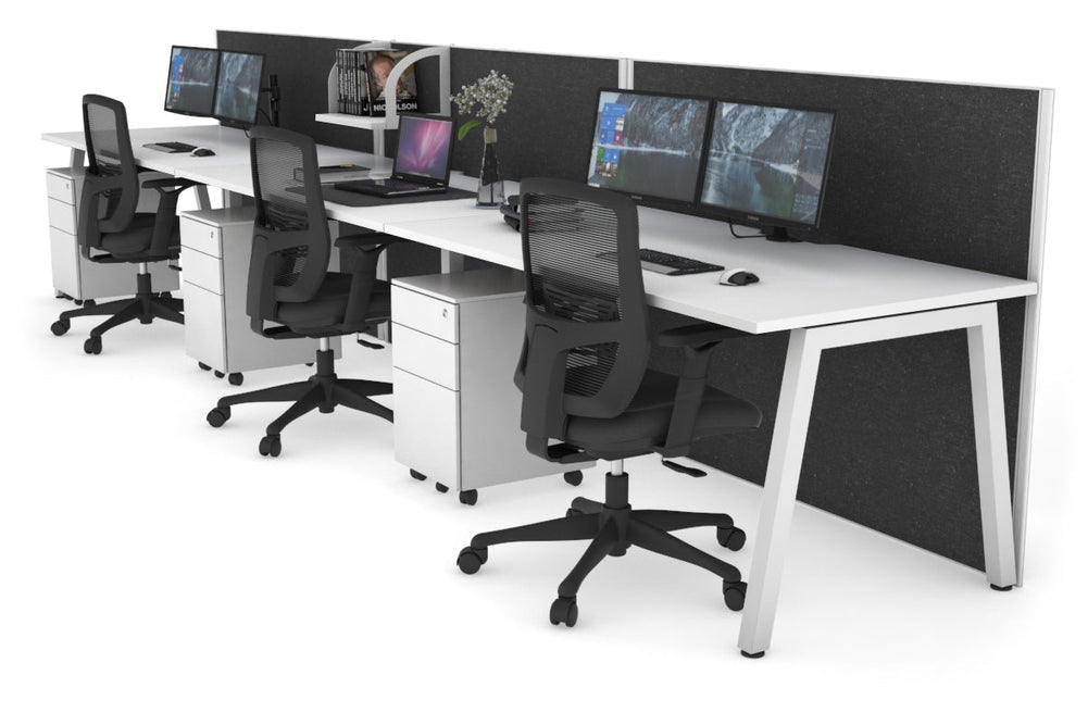 Horizon Quadro 3 Person Run A Legs Office Workstation [1200L x 800W with Cable Scallop]-white leg white moody charcoal (1200H x 3600W)