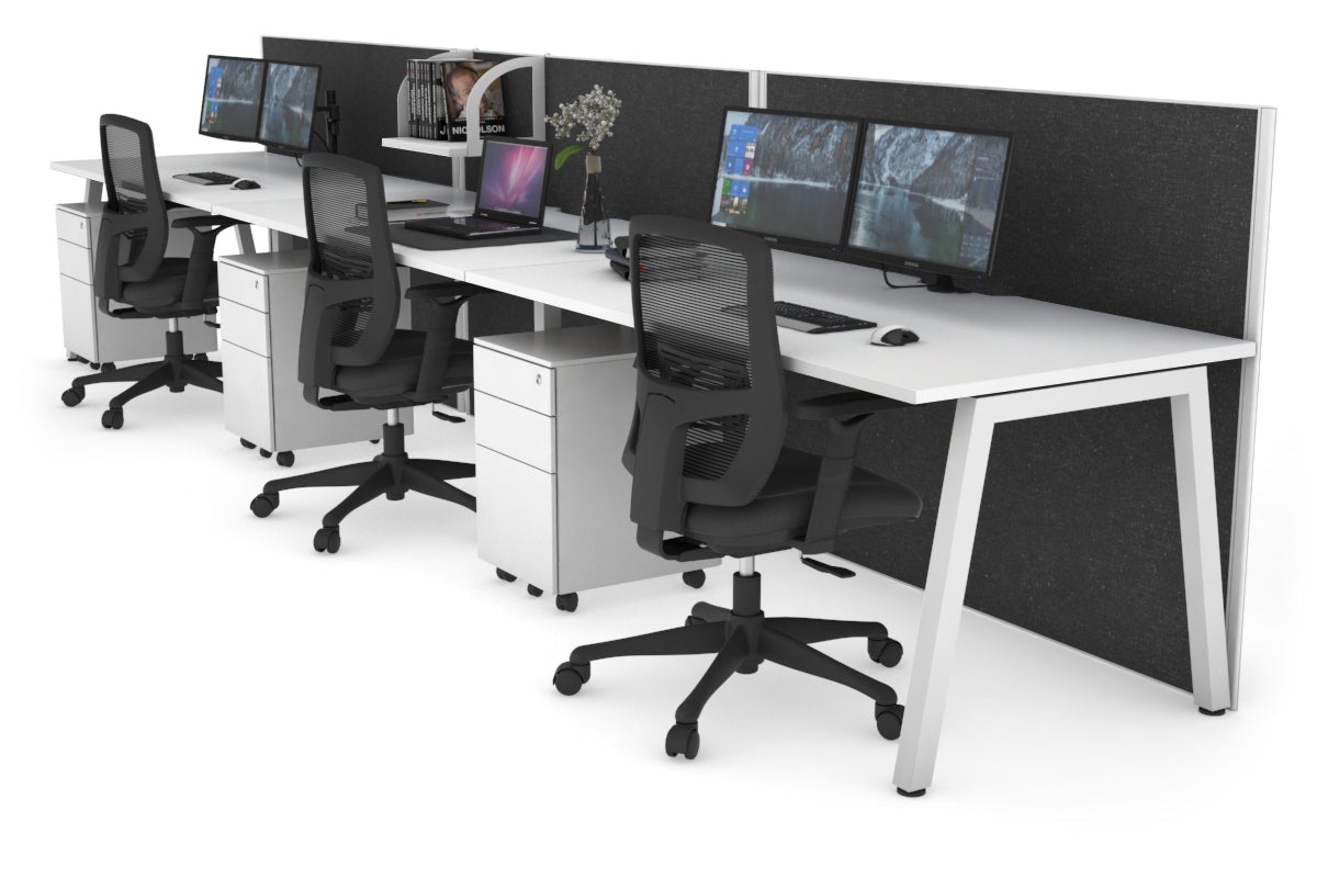 Horizon Quadro 3 Person Run A Leg Office Workstations [1200L x 800W with Cable Scallop] Jasonl white leg white moody charcoal (1200H x 3600W)