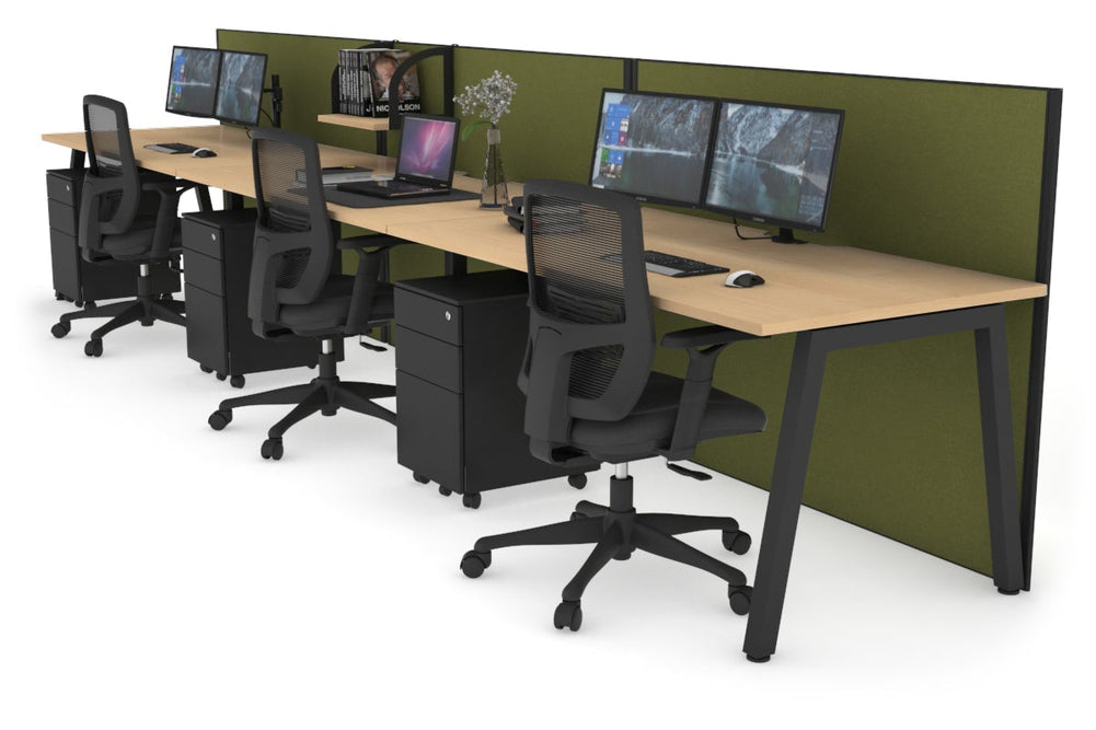 Horizon Quadro 3 Person Run A Legs Office Workstation [1200L x 800W with Cable Scallop]-black leg maple green moss (1200H x 3600W)