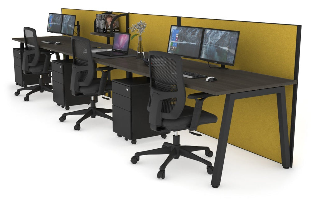 Horizon Quadro 3 Person Run A Legs Office Workstation [1200L x 800W with Cable Scallop]-black leg dark oak mustard yellow (1200H x 3600W)