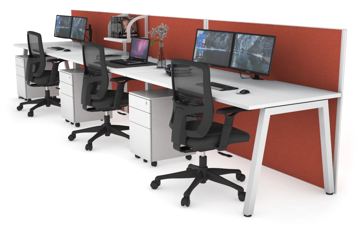 Horizon Quadro 3 Person Run A Leg Office Workstations [1200L x 800W with Cable Scallop] Jasonl white leg white orange squash (1200H x 3600W)