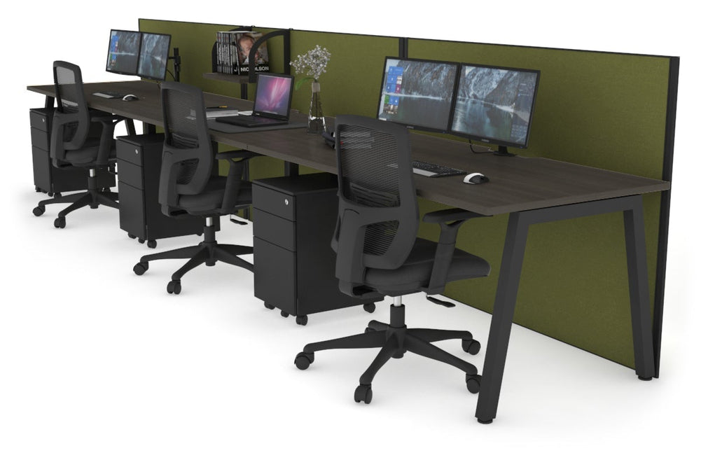 Horizon Quadro 3 Person Run A Legs Office Workstation [1200L x 800W with Cable Scallop]-black leg dark oak green moss (1200H x 3600W)