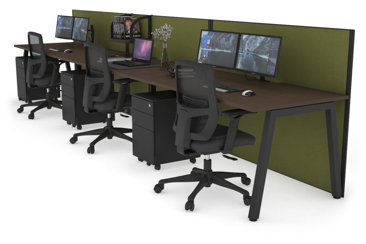 Horizon Quadro 3 Person Run A Leg Office Workstations [1200L x 800W with Cable Scallop] Jasonl black leg wenge green moss (1200H x 3600W)