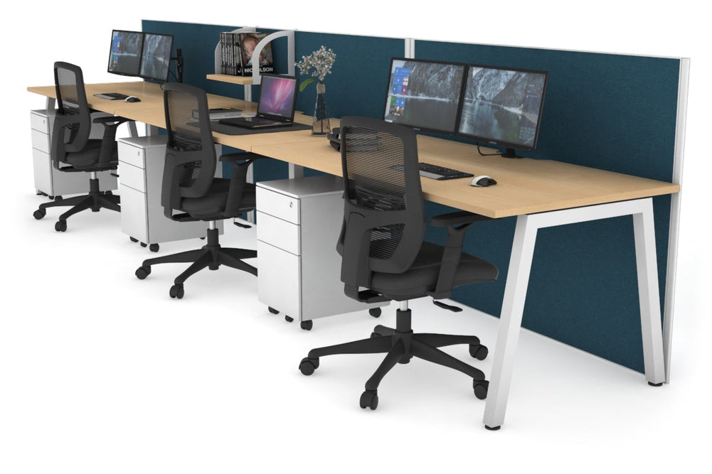Horizon Quadro 3 Person Run A Legs Office Workstation [1200L x 800W with Cable Scallop]-white leg maple deep blue (1200H x 3600W)