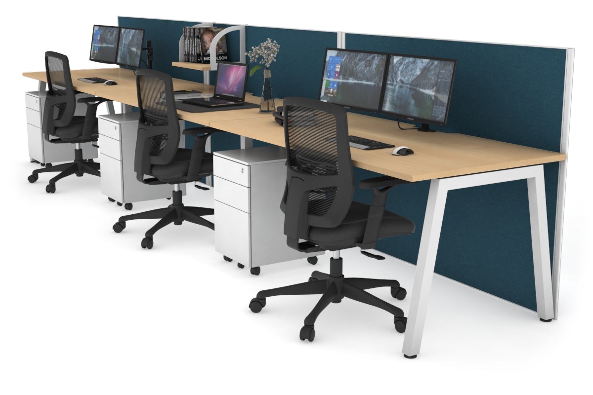 Horizon Quadro 3 Person Run A Leg Office Workstations [1200L x 800W with Cable Scallop] Jasonl white leg maple deep blue (1200H x 3600W)