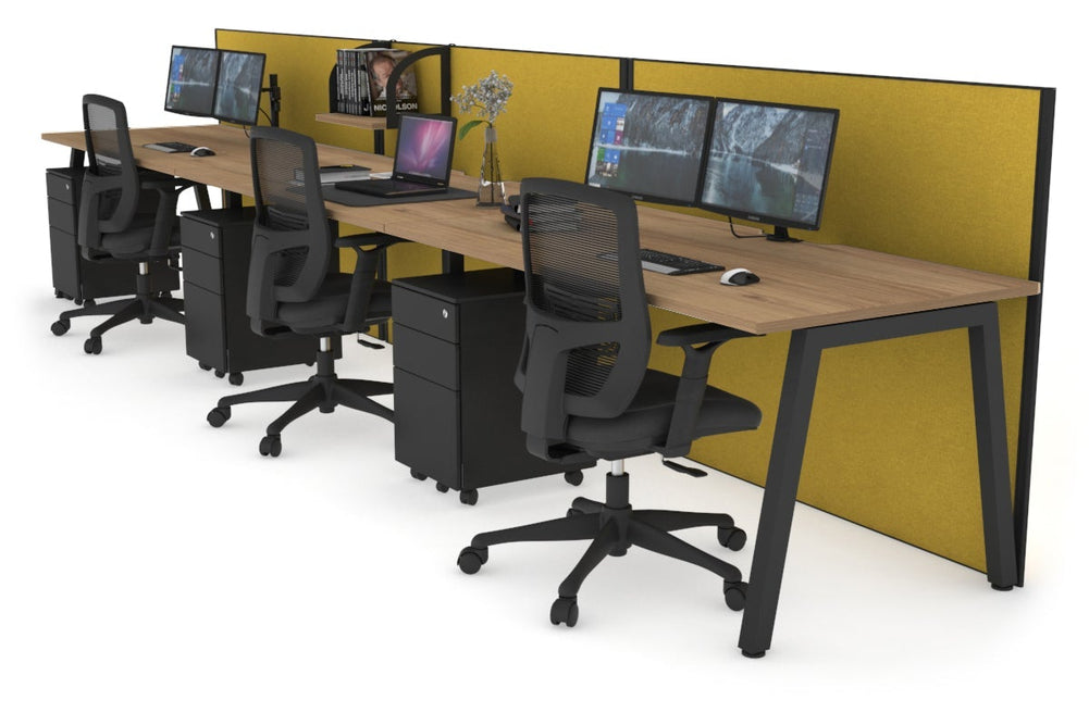 Horizon Quadro 3 Person Run A Legs Office Workstation [1200L x 800W with Cable Scallop]-black leg salvage oak mustard yellow (1200H x 3600W)