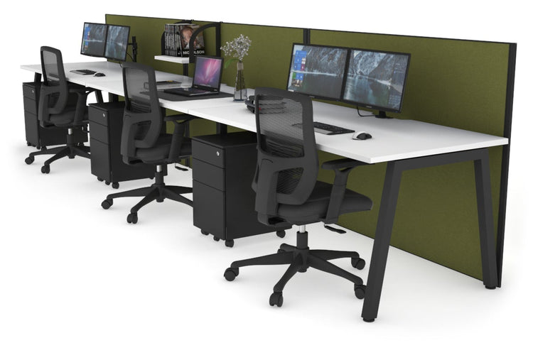 Horizon Quadro 3 Person Run A Leg Office Workstations [1200L x 800W with Cable Scallop] Jasonl black leg white green moss (1200H x 3600W)
