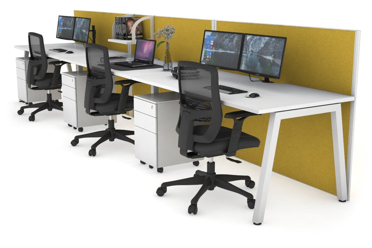 Horizon Quadro 3 Person Run A Leg Office Workstations [1200L x 800W with Cable Scallop] Jasonl white leg white mustard yellow (1200H x 3600W)
