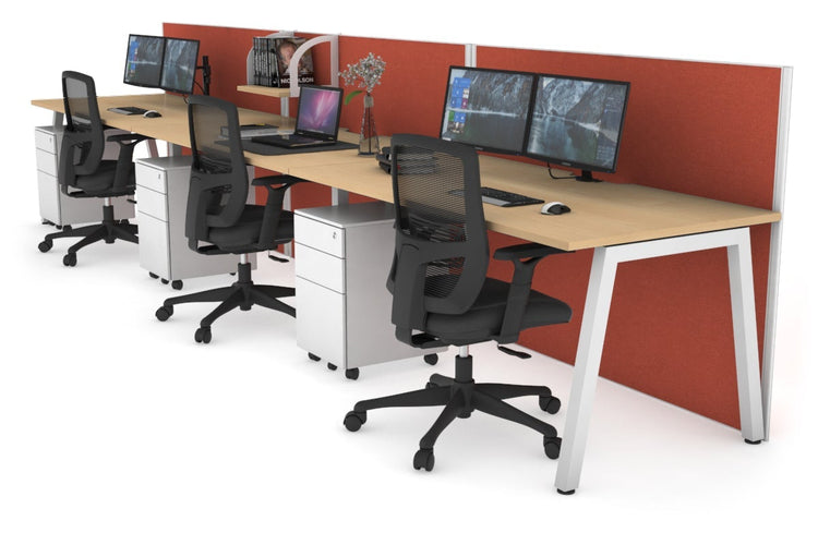 Horizon Quadro 3 Person Run A Leg Office Workstations [1200L x 800W with Cable Scallop] Jasonl white leg maple orange squash (1200H x 3600W)