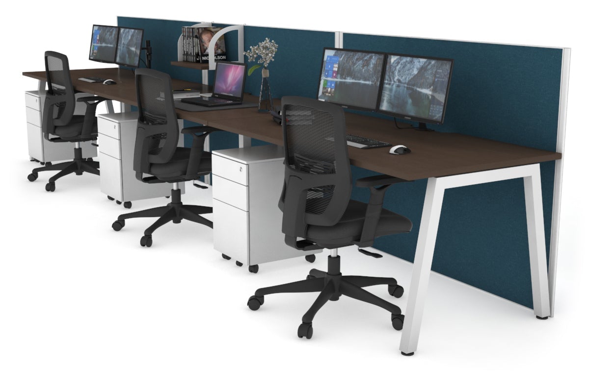 Horizon Quadro 3 Person Run A Leg Office Workstations [1200L x 800W with Cable Scallop] Jasonl white leg wenge deep blue (1200H x 3600W)