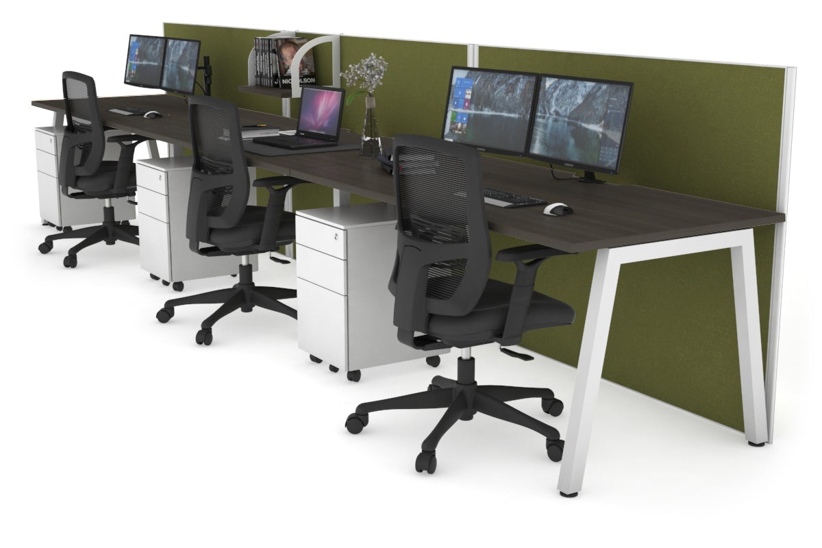 Horizon Quadro 3 Person Run A Leg Office Workstations [1200L x 800W with Cable Scallop] Jasonl white leg dark oak green moss (1200H x 3600W)
