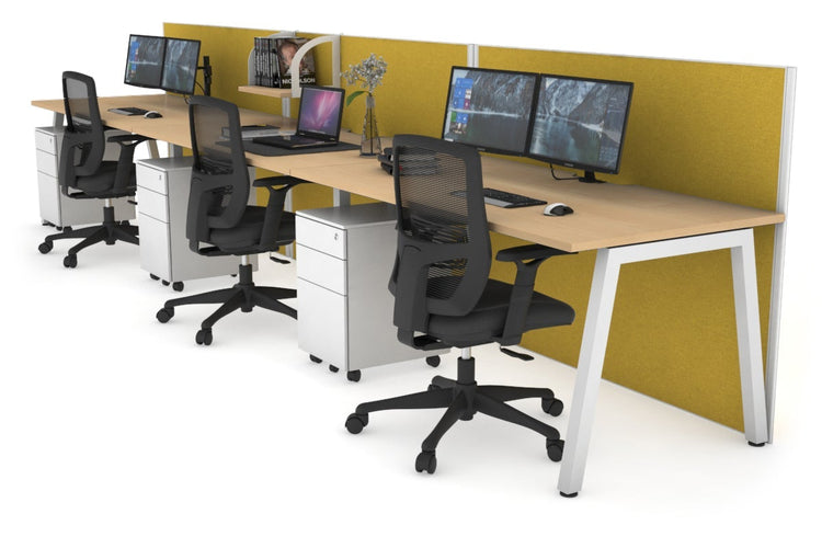 Horizon Quadro 3 Person Run A Leg Office Workstations [1200L x 800W with Cable Scallop] Jasonl white leg maple mustard yellow (1200H x 3600W)