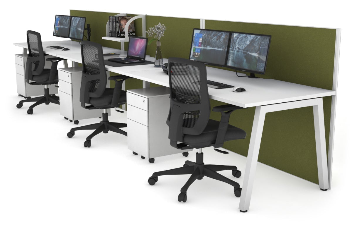 Horizon Quadro 3 Person Run A Leg Office Workstations [1200L x 800W with Cable Scallop] Jasonl white leg white green moss (1200H x 3600W)