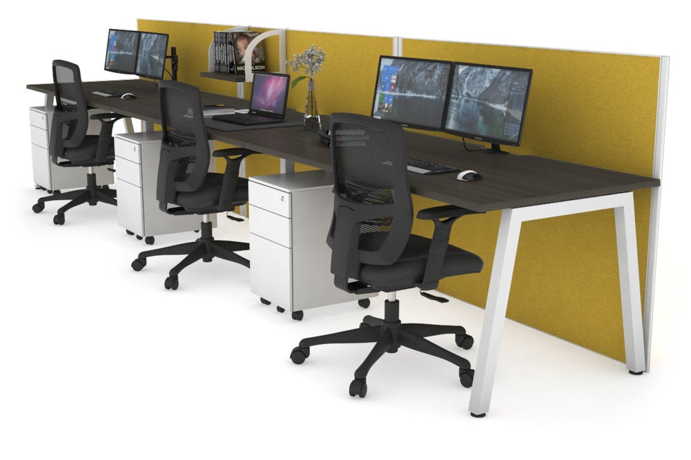 Horizon Quadro 3 Person Run A Legs Office Workstation [1200L x 800W with Cable Scallop]-white leg dark oak mustard yellow (1200H x 3600W)