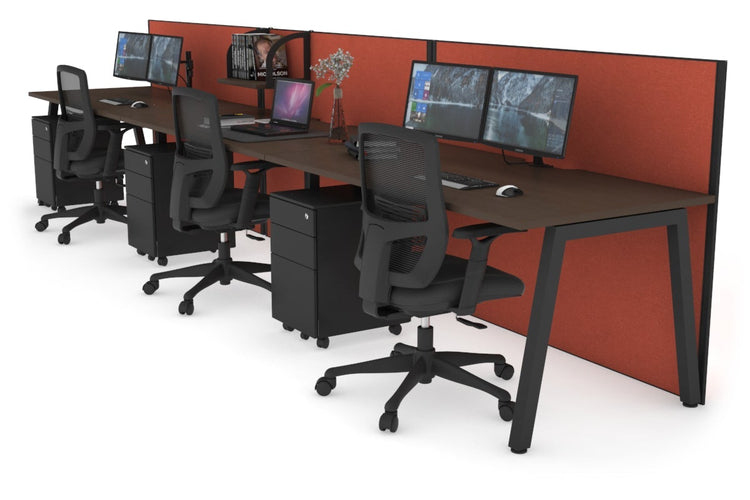Horizon Quadro 3 Person Run A Leg Office Workstations [1200L x 800W with Cable Scallop] Jasonl black leg wenge orange squash (1200H x 3600W)