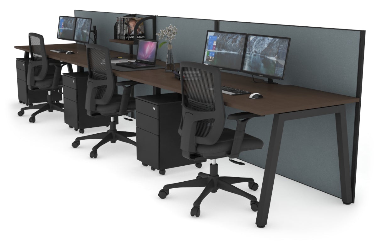Horizon Quadro 3 Person Run A Leg Office Workstations [1200L x 800W with Cable Scallop] Jasonl black leg wenge cool grey (1200H x 3600W)