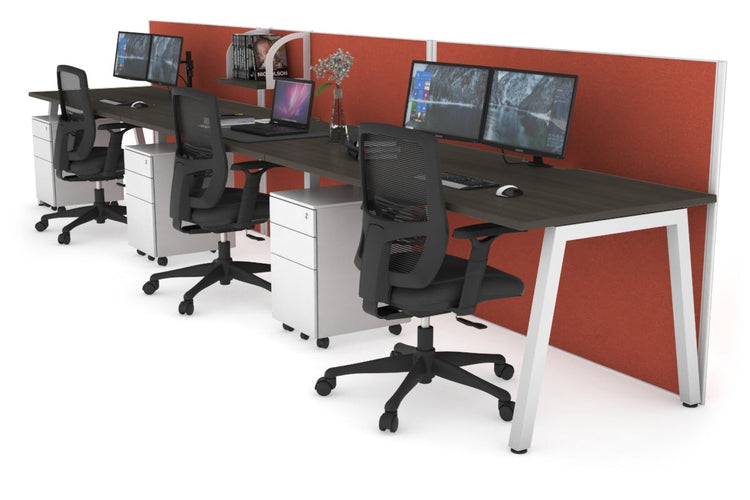 Horizon Quadro 3 Person Run A Leg Office Workstations [1200L x 800W with Cable Scallop] Jasonl white leg dark oak orange squash (1200H x 3600W)