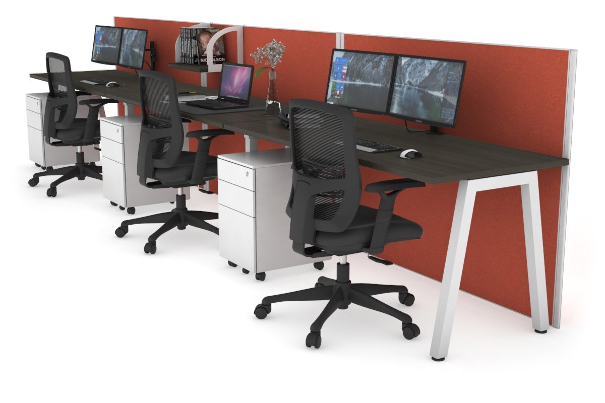 Horizon Quadro 3 Person Run A Leg Office Workstations [1400L x 700W] Jasonl white leg dark oak orange squash (1200H x 4200W)
