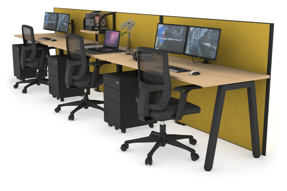 Horizon Quadro 3 Person Run A Legs Office Workstation [1400L x 700W]-black leg maple mustard yellow (1200H x 4200W)