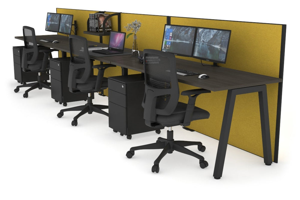 Horizon Quadro 3 Person Run A Legs Office Workstation [1400L x 700W]-black leg dark oak mustard yellow (1200H x 4200W)