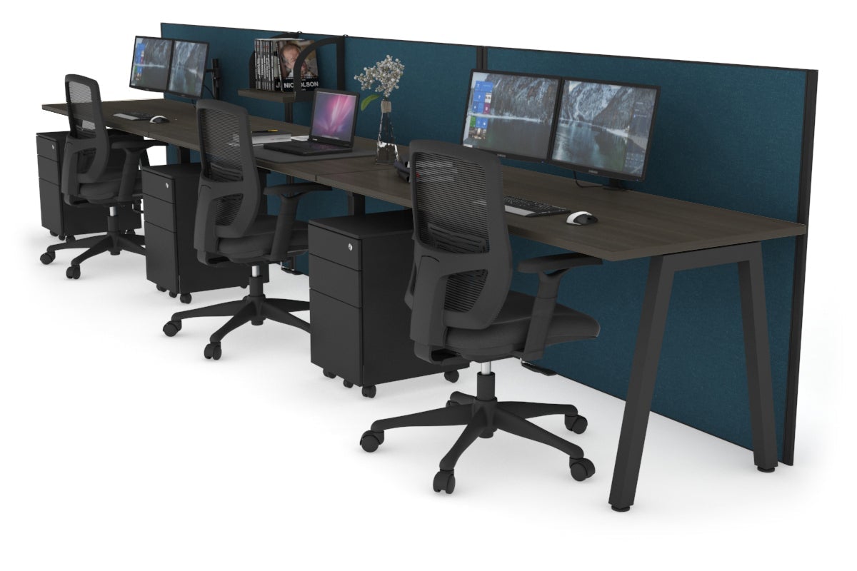Horizon Quadro 3 Person Run A Leg Office Workstations [1400L x 700W] Jasonl black leg dark oak deep blue (1200H x 4200W)