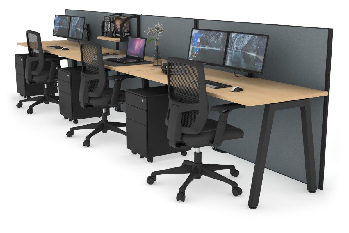 Horizon Quadro 3 Person Run A Leg Office Workstations [1400L x 700W] Jasonl black leg maple cool grey (1200H x 4200W)