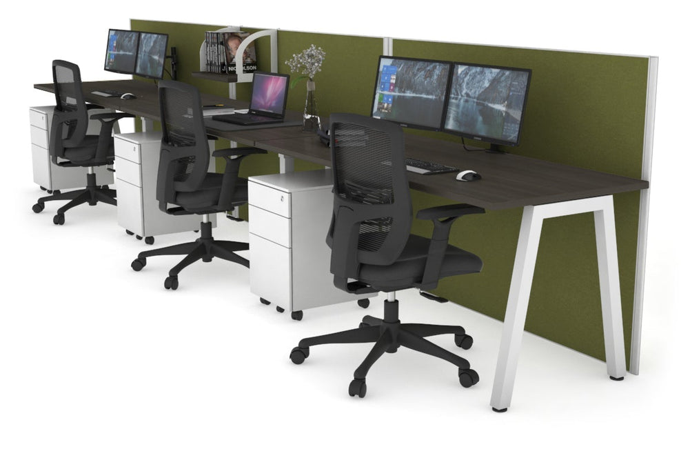 Horizon Quadro 3 Person Run A Legs Office Workstation [1400L x 700W]-white leg dark oak green moss (1200H x 4200W)