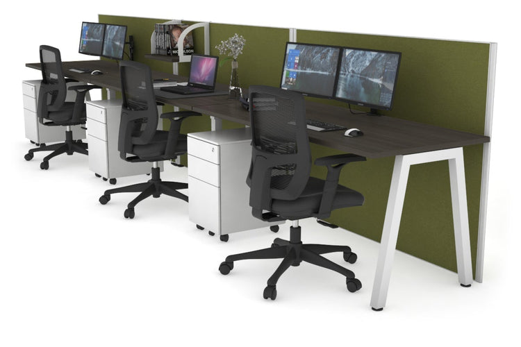 Horizon Quadro 3 Person Run A Leg Office Workstations [1400L x 700W] Jasonl white leg dark oak green moss (1200H x 4200W)