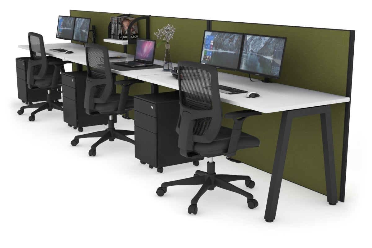 Horizon Quadro 3 Person Run A Leg Office Workstations [1400L x 700W] Jasonl black leg white green moss (1200H x 4200W)