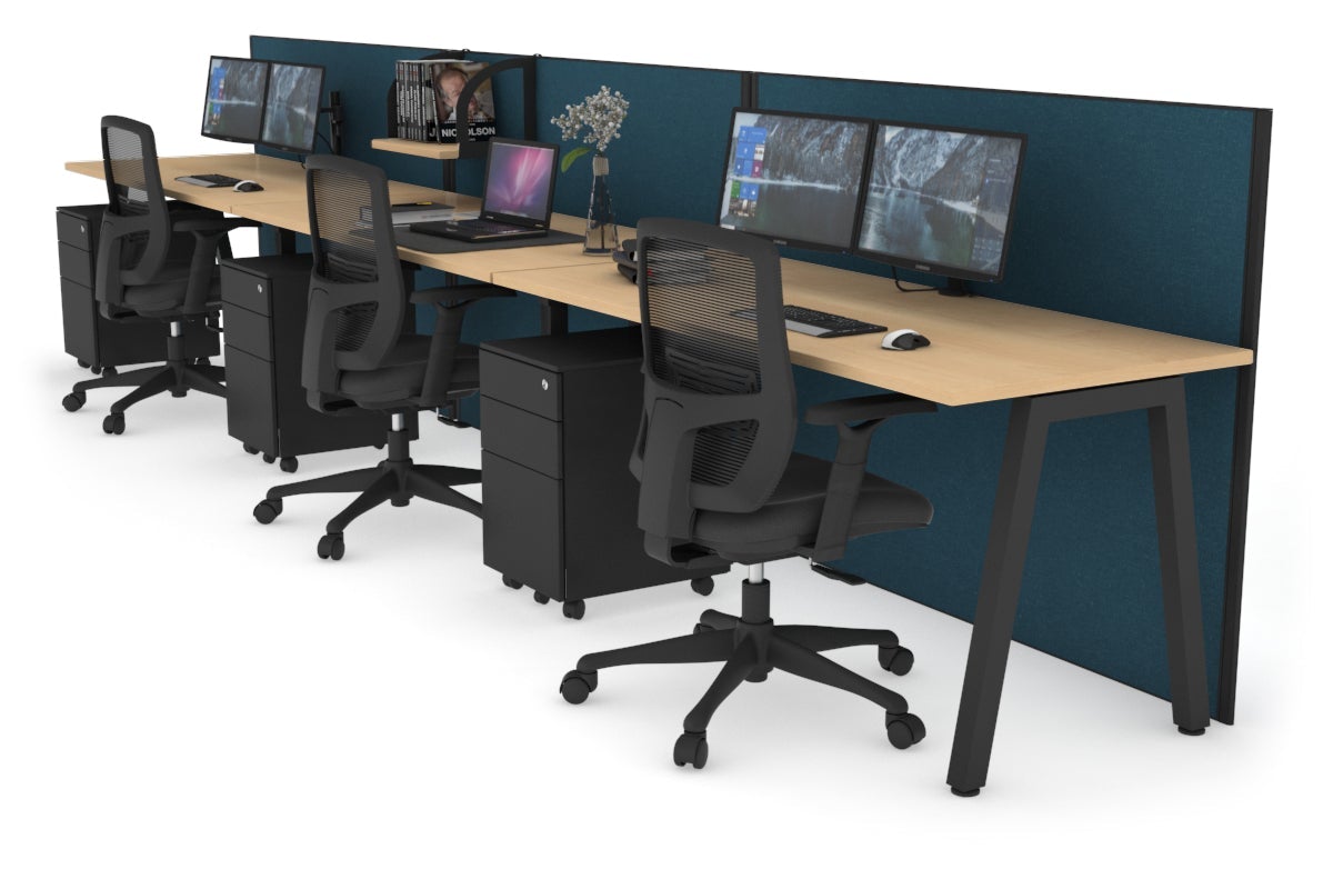 Horizon Quadro 3 Person Run A Leg Office Workstations [1400L x 700W] Jasonl black leg maple deep blue (1200H x 4200W)