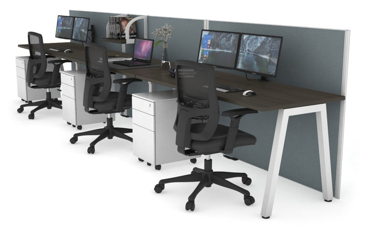 Horizon Quadro 3 Person Run A Leg Office Workstations [1400L x 700W] Jasonl white leg dark oak cool grey (1200H x 4200W)