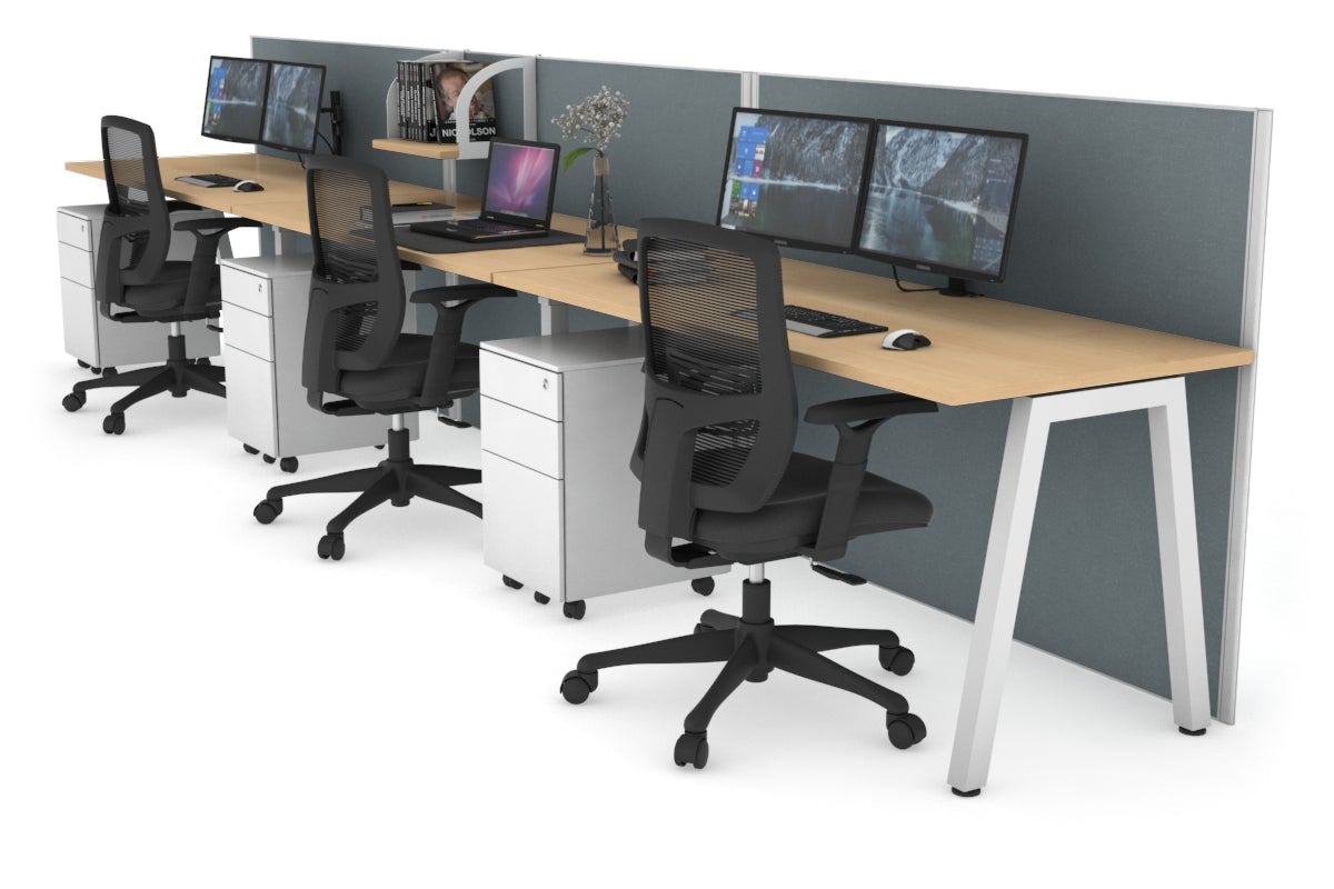 Horizon Quadro 3 Person Run A Leg Office Workstations [1400L x 700W] Jasonl white leg maple cool grey (1200H x 4200W)