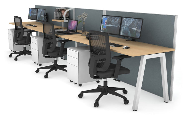 Horizon Quadro 3 Person Run A Leg Office Workstations [1400L x 700W] Jasonl white leg maple cool grey (1200H x 4200W)