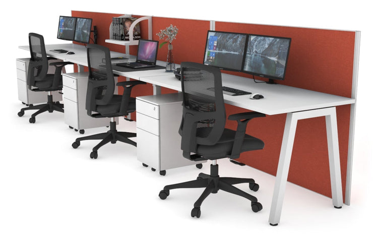 Horizon Quadro 3 Person Run A Leg Office Workstations [1400L x 700W] Jasonl white leg white orange squash (1200H x 4200W)