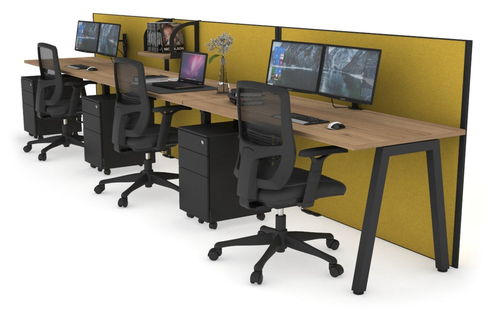 Horizon Quadro 3 Person Run A Legs Office Workstation [1400L x 700W]-black leg salvage oak mustard yellow (1200H x 4200W)