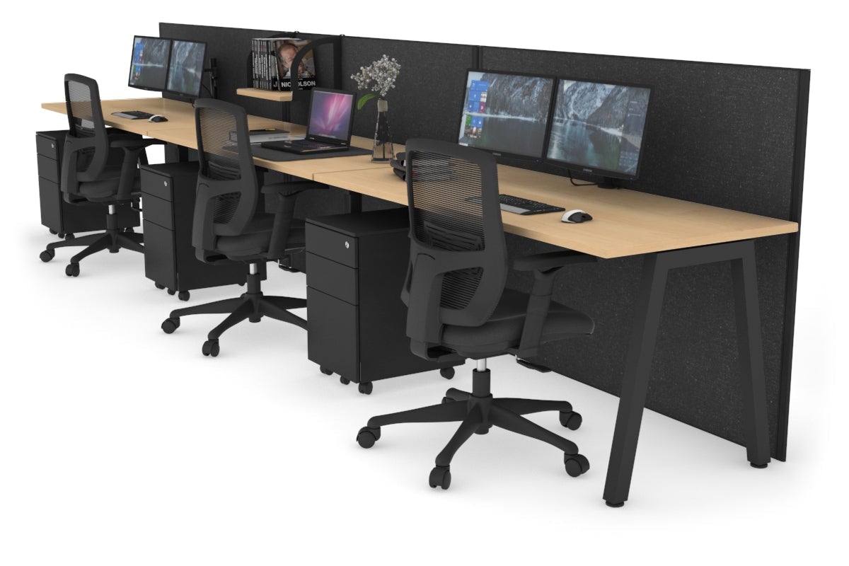 Horizon Quadro 3 Person Run A Leg Office Workstations [1400L x 700W] Jasonl black leg maple moody charcoal (1200H x 4200W)