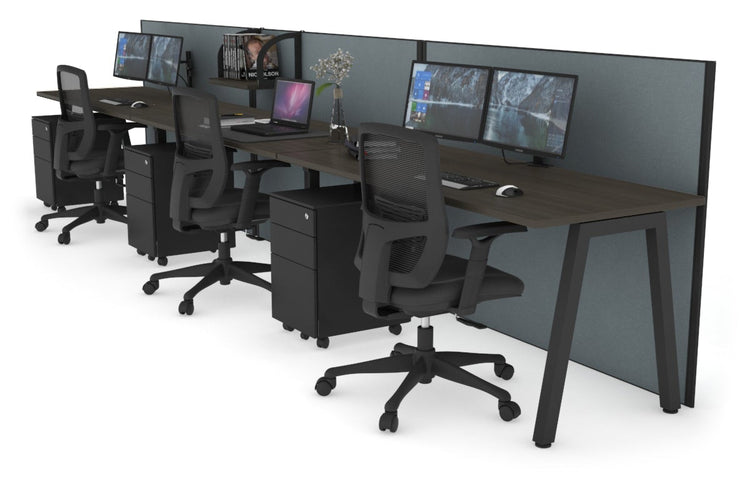 Horizon Quadro 3 Person Run A Leg Office Workstations [1400L x 700W] Jasonl black leg dark oak cool grey (1200H x 4200W)
