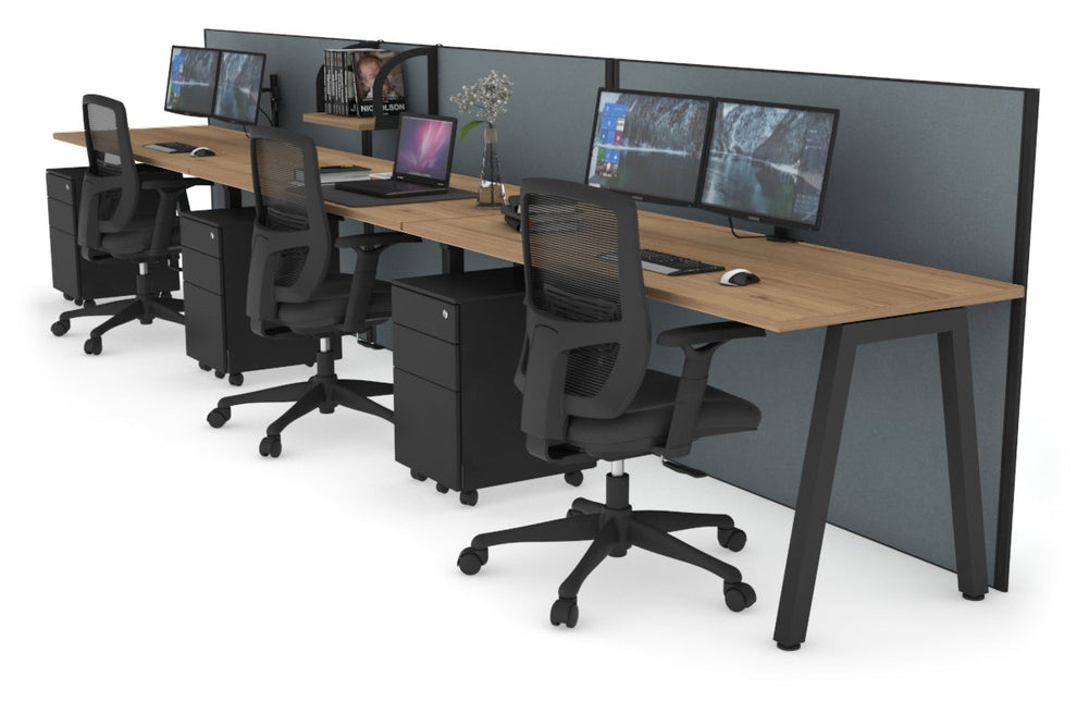 Horizon Quadro 3 Person Run A Legs Office Workstation [1400L x 700W]-black leg salvage oak cool grey (1200H x 4200W)