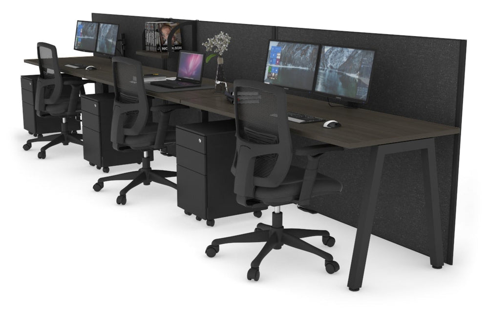 Horizon Quadro 3 Person Run A Legs Office Workstation [1400L x 700W]-black leg dark oak moody charcoal (1200H x 4200W)
