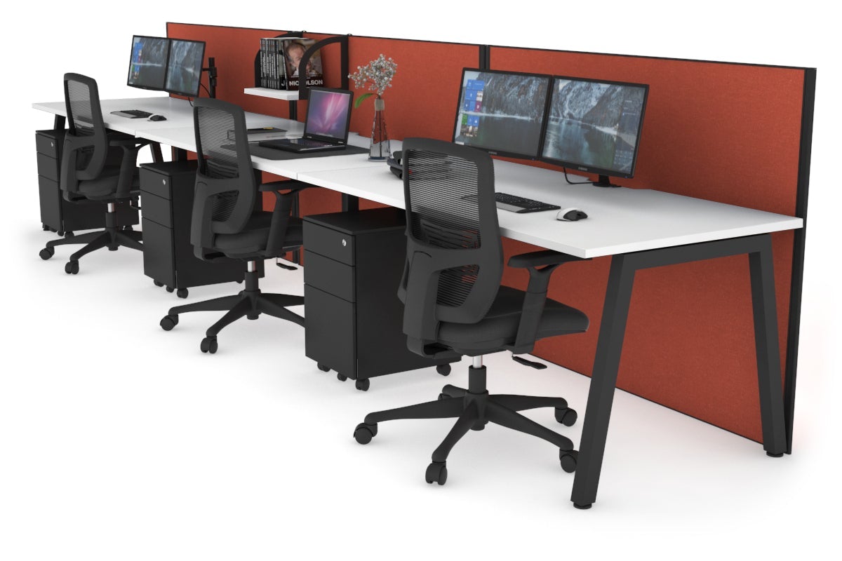 Horizon Quadro 3 Person Run A Leg Office Workstations [1400L x 800W with Cable Scallop] Jasonl black leg white orange squash (1200H x 4200W)
