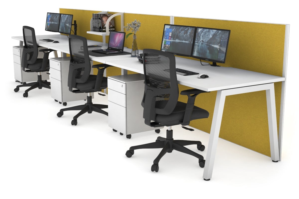 Horizon Quadro 3 Person Run A Leg Office Workstations [1400L x 800W with Cable Scallop] Jasonl white leg white mustard yellow (1200H x 4200W)