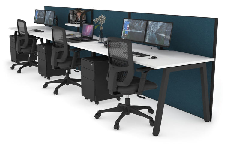 Horizon Quadro 3 Person Run A Leg Office Workstations [1400L x 800W with Cable Scallop] Jasonl black leg white deep blue (1200H x 4200W)