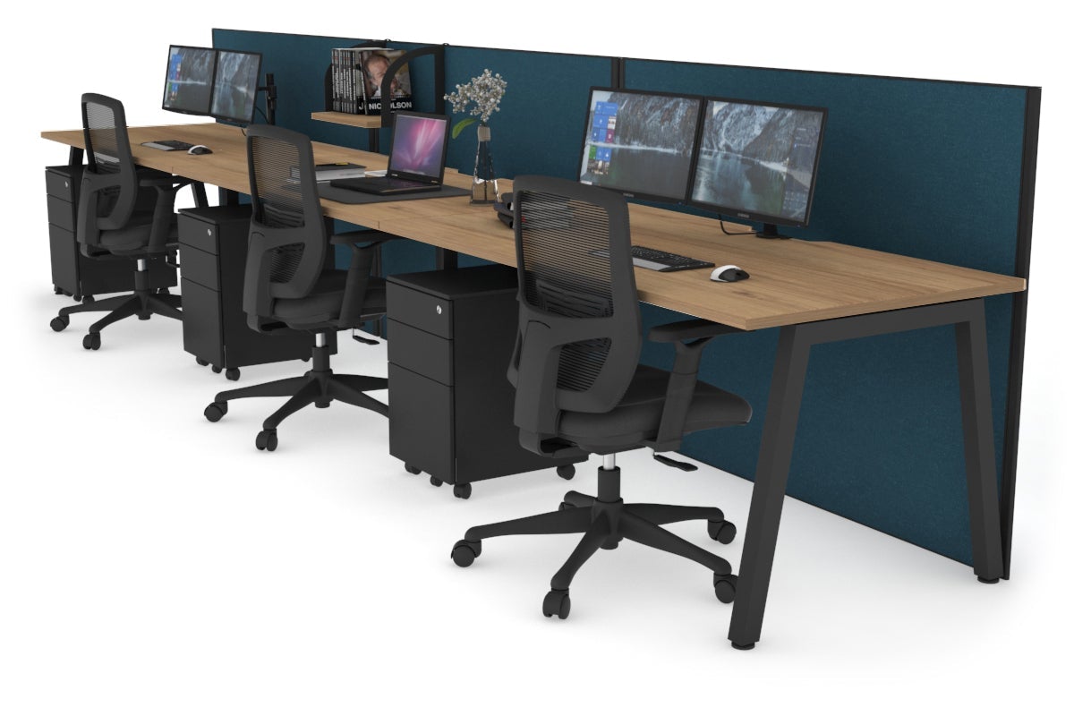 Horizon Quadro 3 Person Run A Leg Office Workstations [1400L x 800W with Cable Scallop] Jasonl black leg salvage oak deep blue (1200H x 4200W)