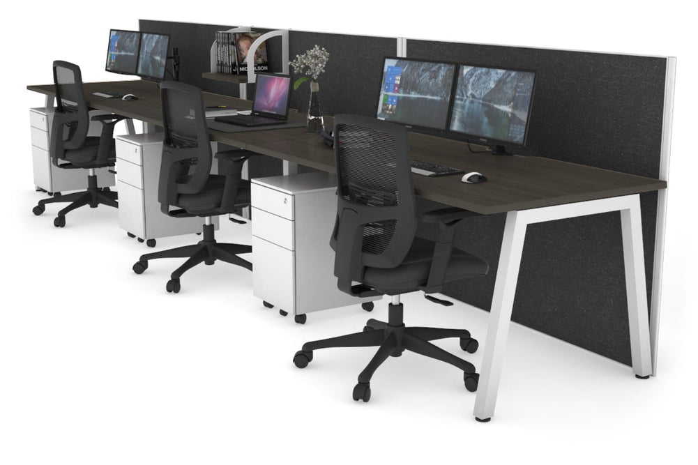 Horizon Quadro 3 Person Run A Legs Office Workstation [1400L x 800W with Cable Scallop]-white leg dark oak moody charcoal (1200H x 4200W)
