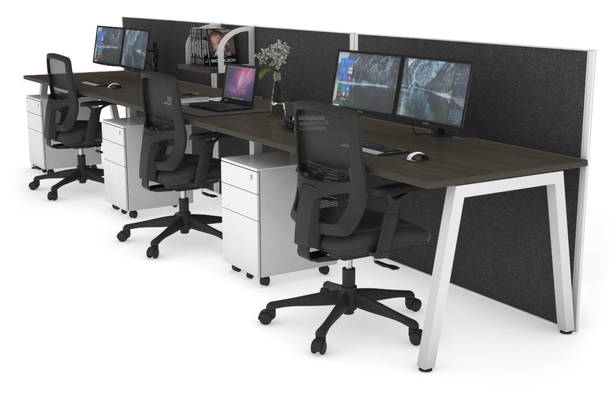 Horizon Quadro 3 Person Run A Leg Office Workstations [1400L x 800W with Cable Scallop] Jasonl white leg dark oak moody charcoal (1200H x 4200W)