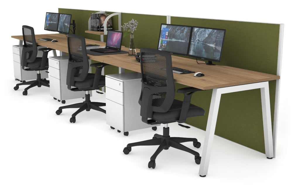 Horizon Quadro 3 Person Run A Legs Office Workstation [1400L x 800W with Cable Scallop]-white leg salvage oak green moss (1200H x 4200W)