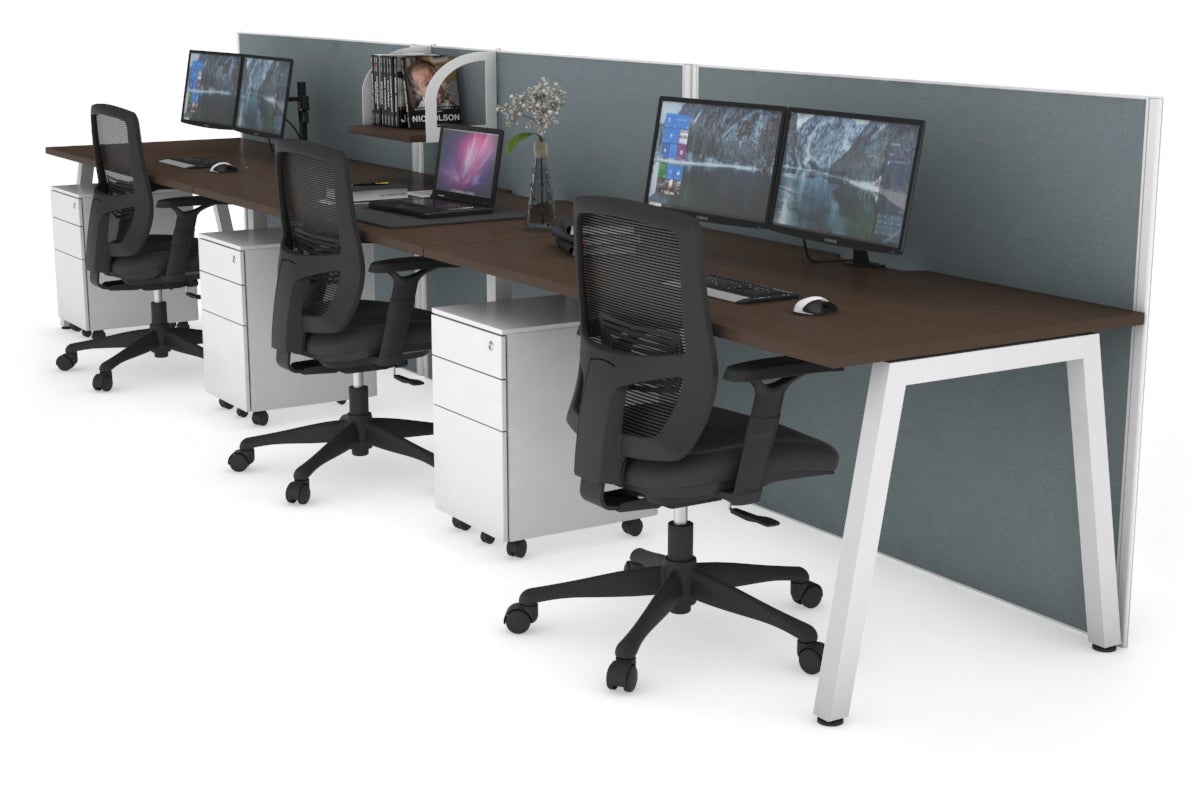 Horizon Quadro 3 Person Run A Leg Office Workstations [1400L x 800W with Cable Scallop] Jasonl white leg wenge cool grey (1200H x 4200W)
