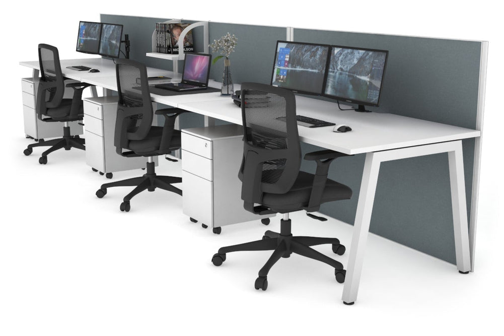 Horizon Quadro 3 Person Run A Legs Office Workstation [1400L x 800W with Cable Scallop]-white leg white cool grey (1200H x 4200W)