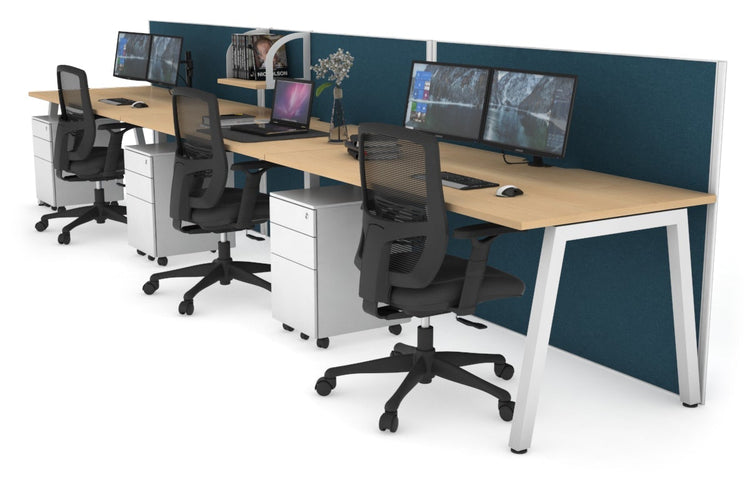 Horizon Quadro 3 Person Run A Leg Office Workstations [1400L x 800W with Cable Scallop] Jasonl white leg maple deep blue (1200H x 4200W)