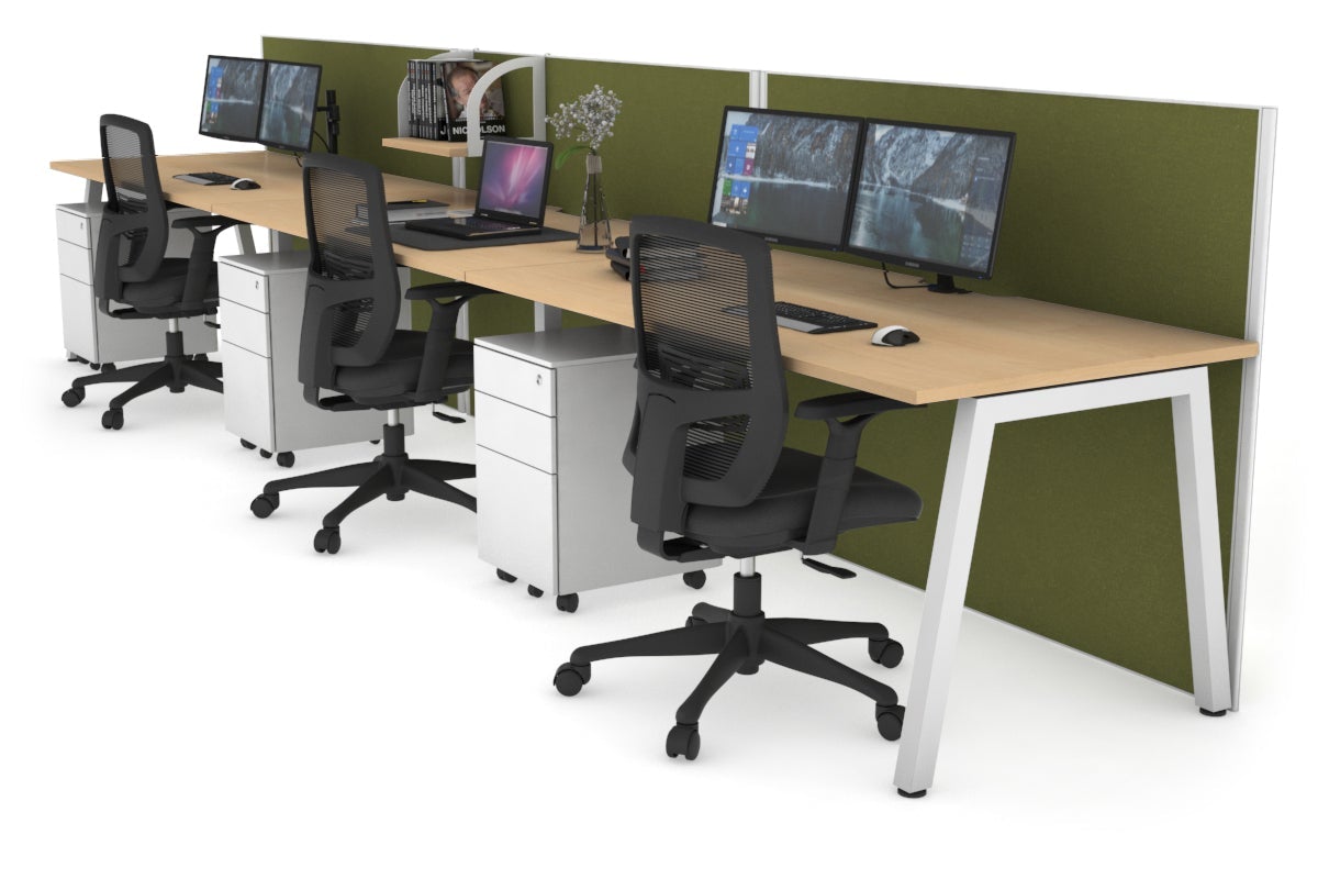 Horizon Quadro 3 Person Run A Leg Office Workstations [1400L x 800W with Cable Scallop] Jasonl white leg maple green moss (1200H x 4200W)